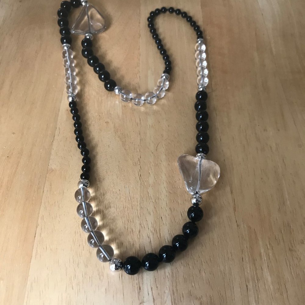 Black Glass Beaded Necklace Handmade 24" L Vintage Valentines Day